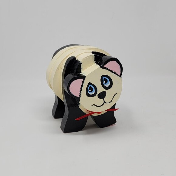 Handmade Wooden Panda Figure Black White Red Bow Cute Face 4.75" Tall - Picture 10 of 10